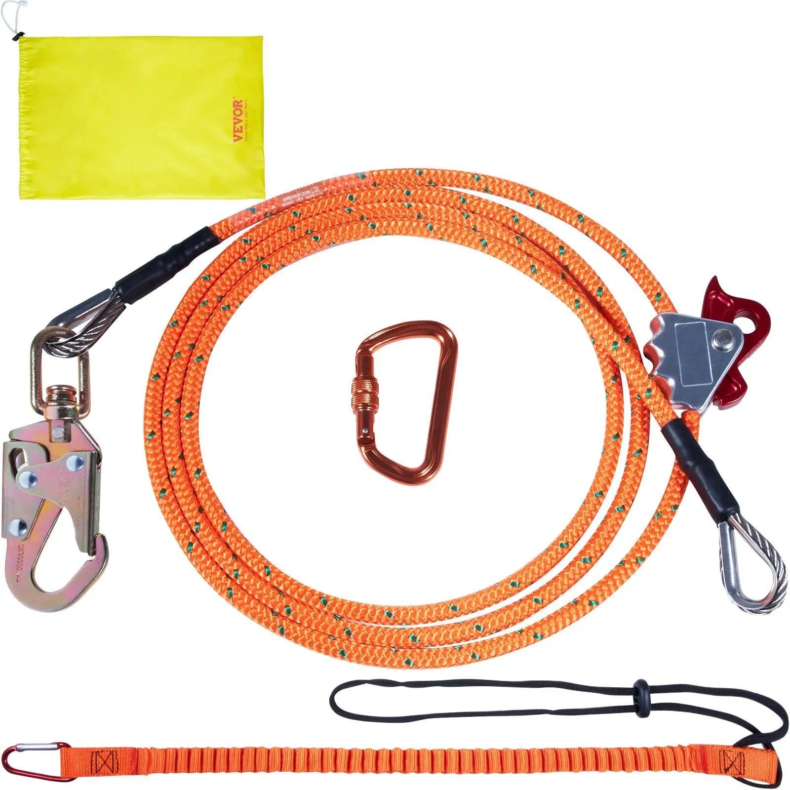 Rigid Steel Core Arborist Flipline - 1/2 in x 8 ft Safety Lanyard with Rigidity for Tree Climbers, Includes Rope Grab, Snap Hook & Carabiner