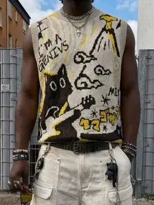 Men's Spring Summer Fashion Anime Cat Guitar Simple Fitted Casual Daily Versatile Breathable Sleeveless Knit Vest Sweater