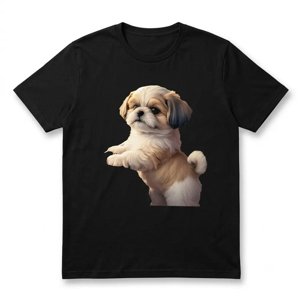 Vintage Shih Tzu Puppy T-Shirt for Men And Women - Adorable Fluffy Dog Design on a White Tee, Short Sleeve Round Neck Casual Top for Shih Tzu Enthusiasts, Washable Clothing for Pet Owners