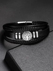 Men's Punk Style Tree of Life Design Pu Leather Braided Bangle,  Fashionable Multilayer Bangle for Daily Decoration, Minimalist Aesthetic Jewelry