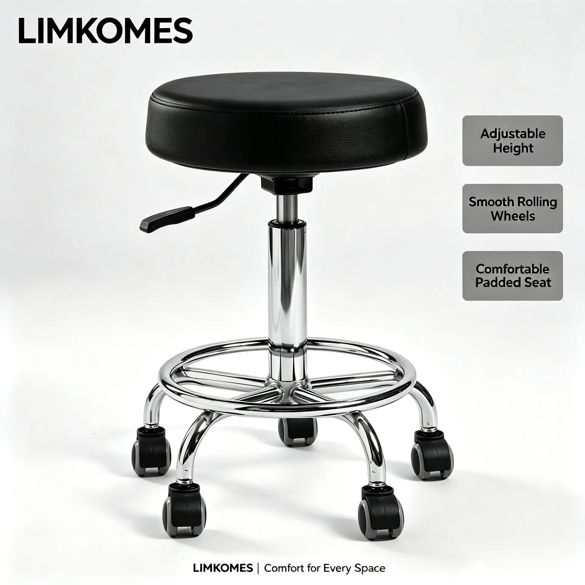 LIMKOMES Modern Metal Rolling Stool, 500lbs Cap., 9.5cm Thick PU Leather Comfort Cushion, Height-Adjustable, Silent Casters, Foot Pedal Ring, Sturdy Heavy-Duty Round Design, Salon & Office Use, Requires Assembly