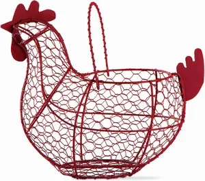 11.5 inch Red Farmhouse Rustic Vine Chicken Wire Egg Basket with Handle for Egg Holder Fruit and Kitchen Living Room Home Rooster Decor Decoration Collecting and Countertop Storing Eggs Red