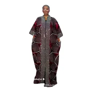 African Print Cotton Maxi Dress with inner- Burgundy Floral Pattern, Long Sleeve, Zip Front, Casual Style, Womenswear Comfort Breathable Elegant Elegance Comfortable Everyday Kaftan Fashion