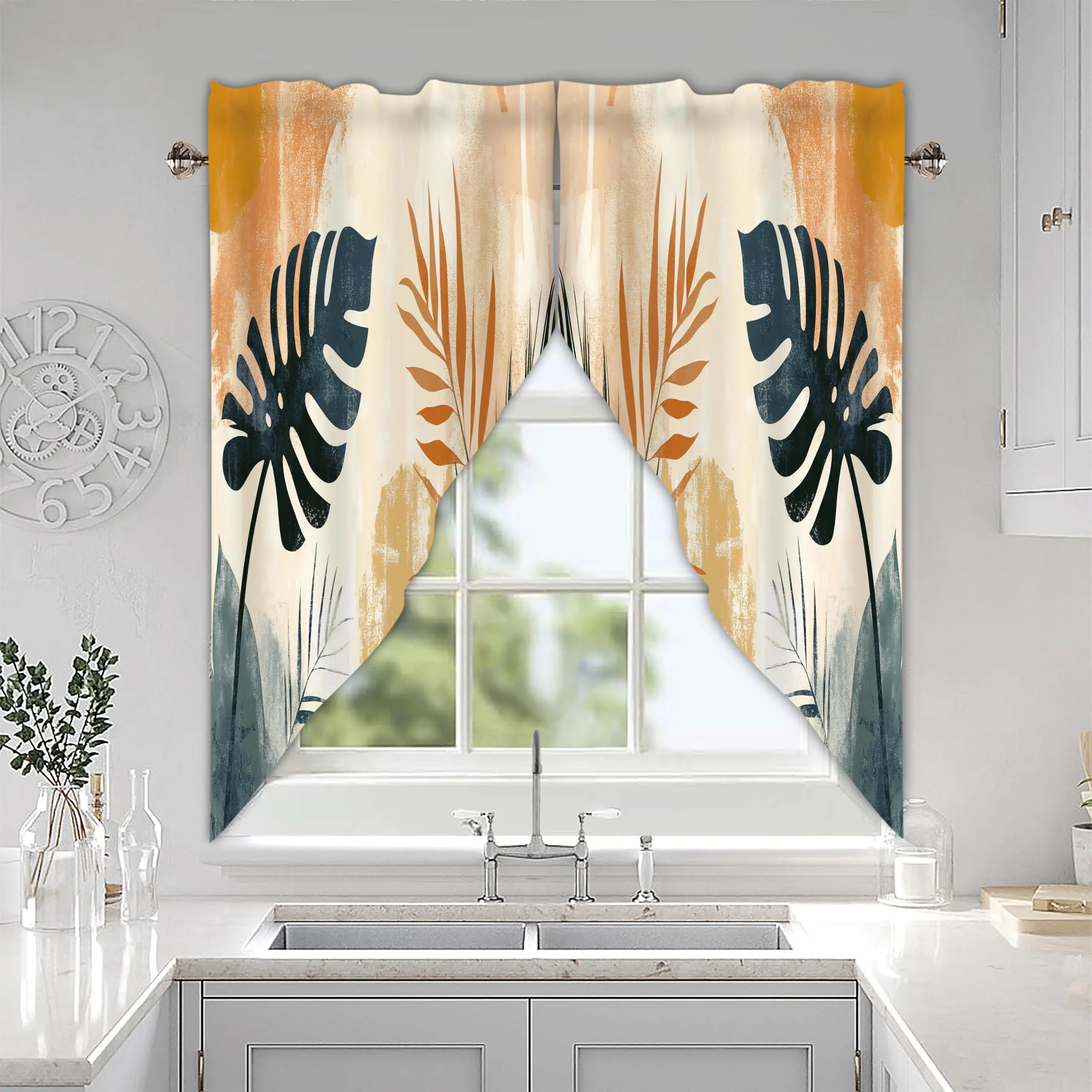 Boho Palm Polyester Curtain Valance Topper - 2-Pack 28×36 in, Easy-Install Rod Pocket Swag, Green Eucalyptus Watercolor Leaf Window Treatment for Kitchen/Bath, 28X36 In, Nature Motif