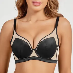 QOU Supportive Unlined Non-padded Full Coverage Adjustable Straps Mesh Satin Underwired Bra Minimalist Comfort Basic Women's Underwear Beige Fabric Lightweight Soft Everyday Wear