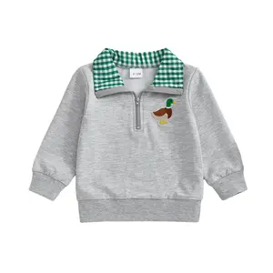 Toddler Baby Boy Sweatshirt Duck Embroidered Half Zip-up Lapel Neck Pullover Tops Cute Farm Clothes 6M-4T