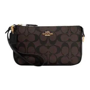 COACH Nolita 19 Metallic Logo Pendant Handbag for Women – Coated Canvas and Smooth Leather, Mahjong-Style Wristlet, Small Size, Brown and Black
