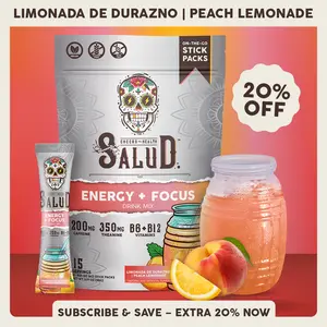 Salud 2-in-1 [Energy + Focus – Peach Lemonade] Clean Energy Drink Mix, Agua Fresca,  Organic Caffeine, B6 & B12, L-Theanine, Drink Packets, Non-GMO, Gluten Free, Vegan, Low Calorie, 1g Sugar (15 Servings)