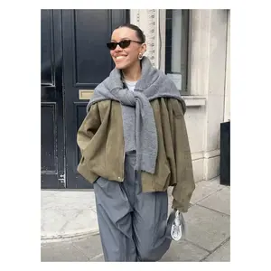 Street Style Oversize Short Turn-Down Collar Jacket for Women, Fashionable Suede Versatile Casual Simple Bomber Jacket