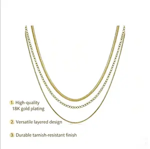 Women's 3-Layer Gold Chain Necklace - Herringbone & Figaro Stackable Dainty Tarnish-Free Geometric Choker, Minimalist Everyday Wear Fashion Jewelry, Wedding Gift trendy daily wear necklace