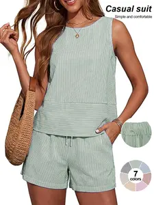 Women's Trendy 2 Piece, Summer Crew Neck Sleeveless Tank Top, Loose-Fitting Stripes Shorts Set with Pockets, Casual Style Womenswear