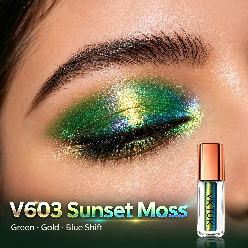 VKTUK Vegan Cruelty-Free Multi-Chrome Green Liquid Metallic Eyeshadow Cosmetic, High-Shine Glitter Aurora, VP/VA Film-Forming Gel-Based, Quick-Dry, Long-Lasting, Crease-Proof, 1-Swipe Pigmented, Y2K Wet Look Day & Night Makeup