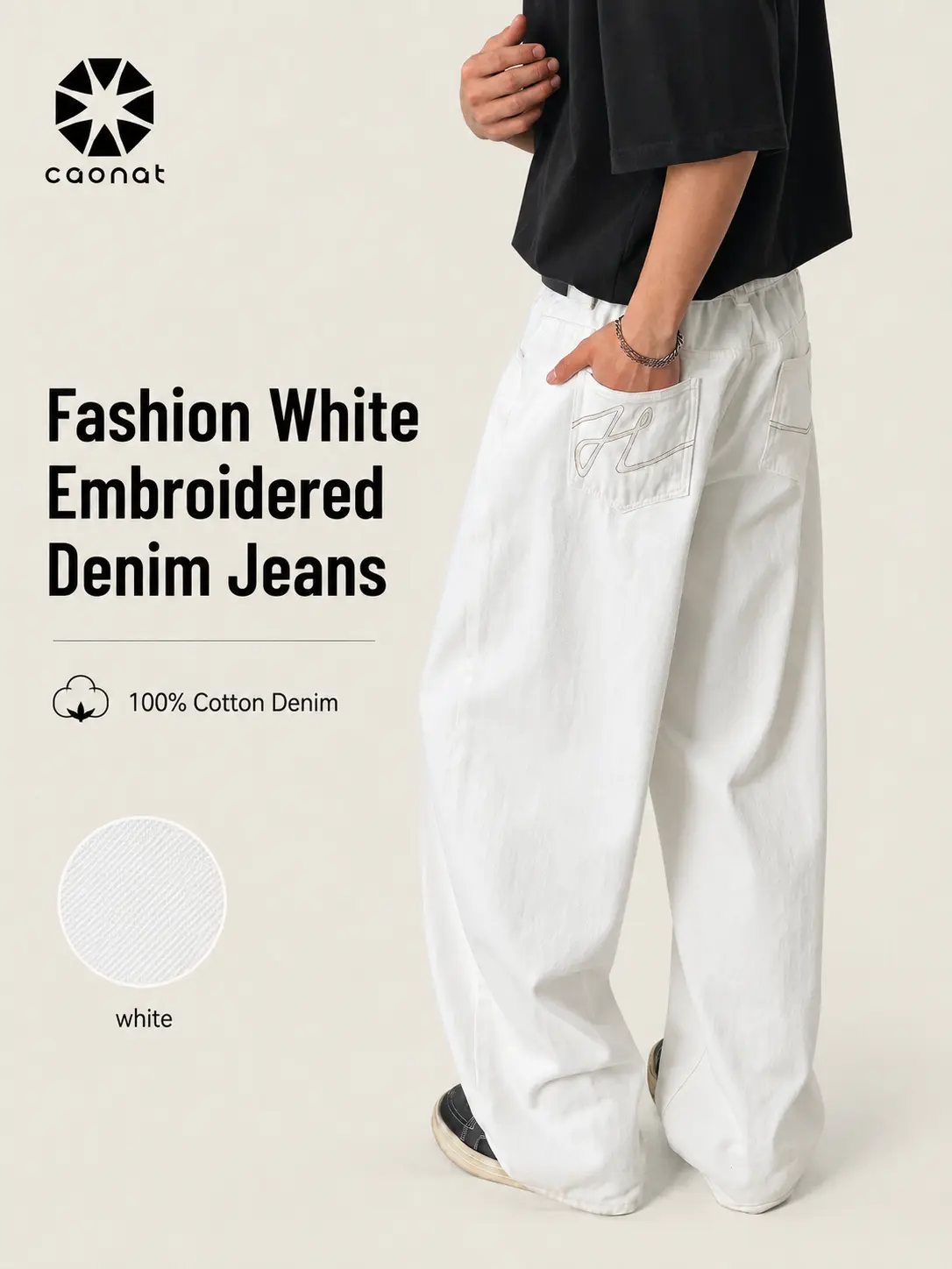 CAONAT Unisex 100% Cotton Baggy White Jeans, Loose Fit Wide Leg Denim Pants, Y2K Streetwear Casual Skater Straight Jeans, Vintage Hip Hop Trousers fathersdaygift