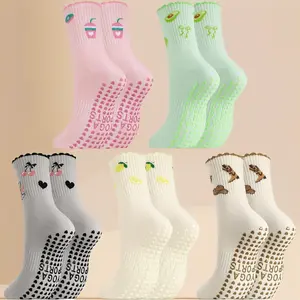 5 Pairs Frilly Pilates Socks for Women, Cute Ruffle Yoga Crew Non Slip Cotton Socks with Embroidery Pattern