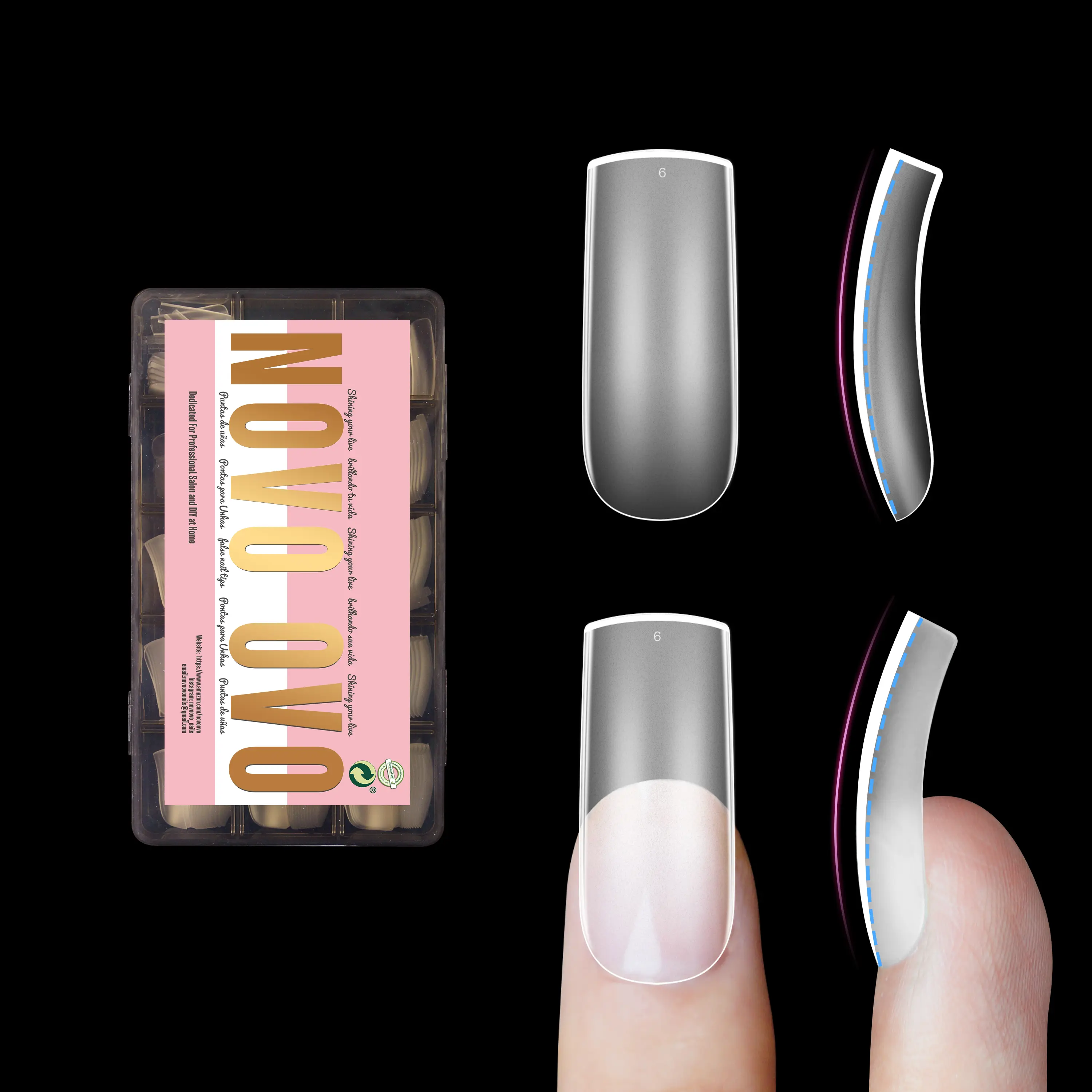 NOVO OVO Medium Slightly Curved Nail Tips Press on Full Cover, Thick Square Eagle Claw Hawk Curve Gel x Short Acrylic Fake Nails Extension kit, Clear Pre-etched Soft French False Nail 15 Sizes 240pcs