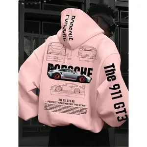 Men's Porsche Print Hoodie, Loose Casual Street Long Sleeve Hooded Sweatshirt for Fall & Winter, Men's Top for Daily Wear, PulloverGift