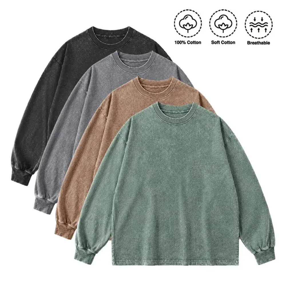 Men’s -wash distressed cotton long-sleeve crewneck sweatshirts/, athletic sweatshirts, crewneck long-sleeve , back to school, back to school shopping Washed tshirts unisex gym vintage   Oversized wrinkle-resistant fabric