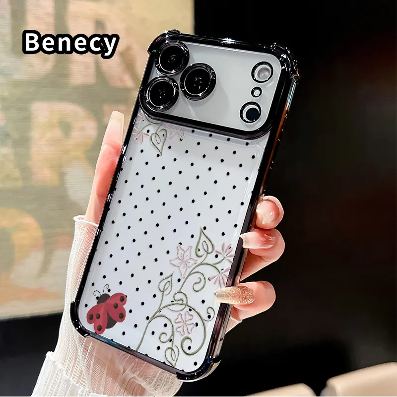 Ladybug Floral Dots Pattern Phone Case for iPhone 17 Pro Max 16 15 Plus Air 14 13 12 11 E Electroplated Four-Corner Anti-Fall Protection Cellphone Cover
