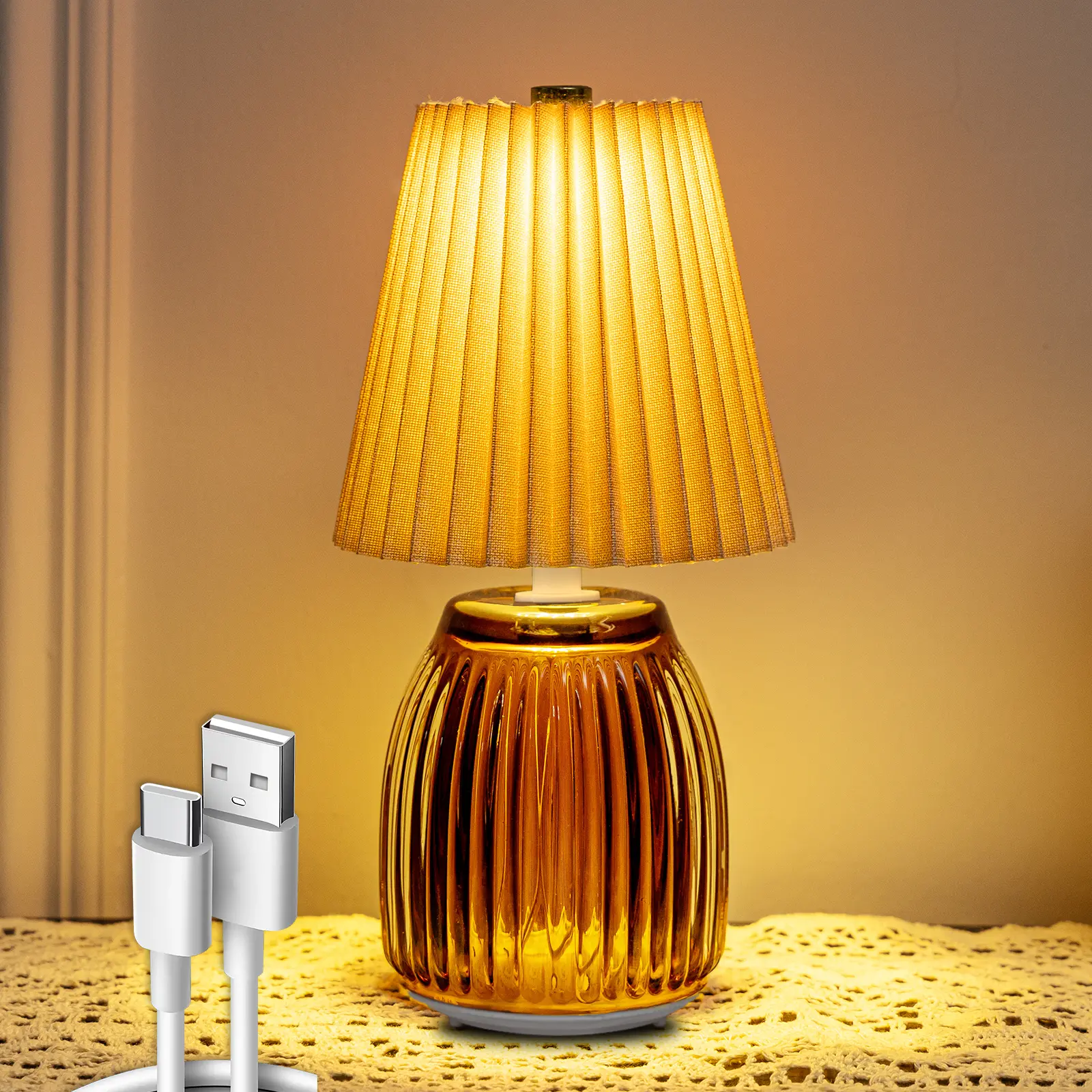 MJ Cordless Lamps with Timer Battery Operated Pleated Lamp Shade for Home Decor Emergency Battery Powered Bedside Lamps for Livingroom Bedroom Home Decor Beige