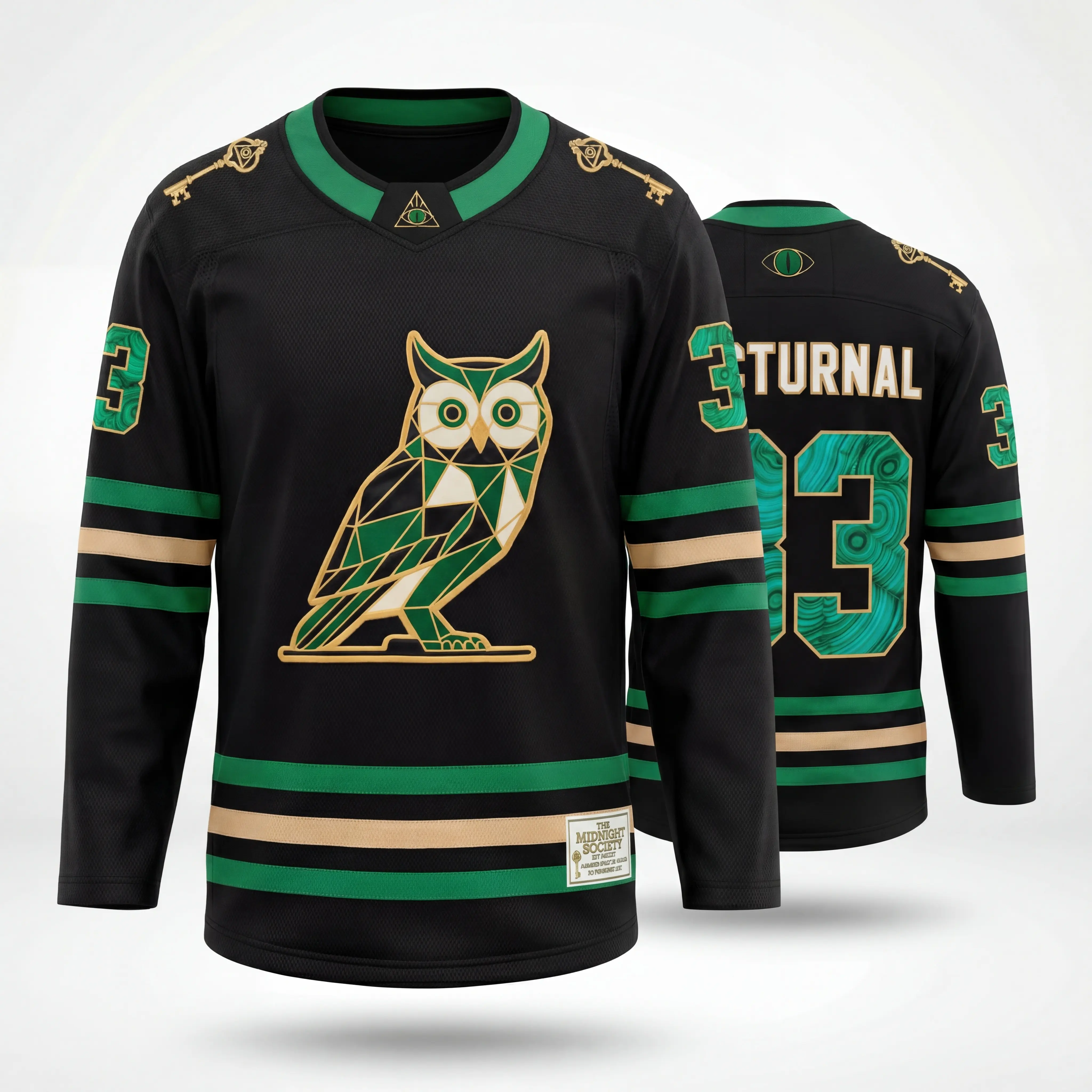 Oversized Hockey Jersey with Owl Tatami Embroidery, Streetwear Pro Fabric Shirt with 3D Texture and Tackle Twill 33 Back Detail, S