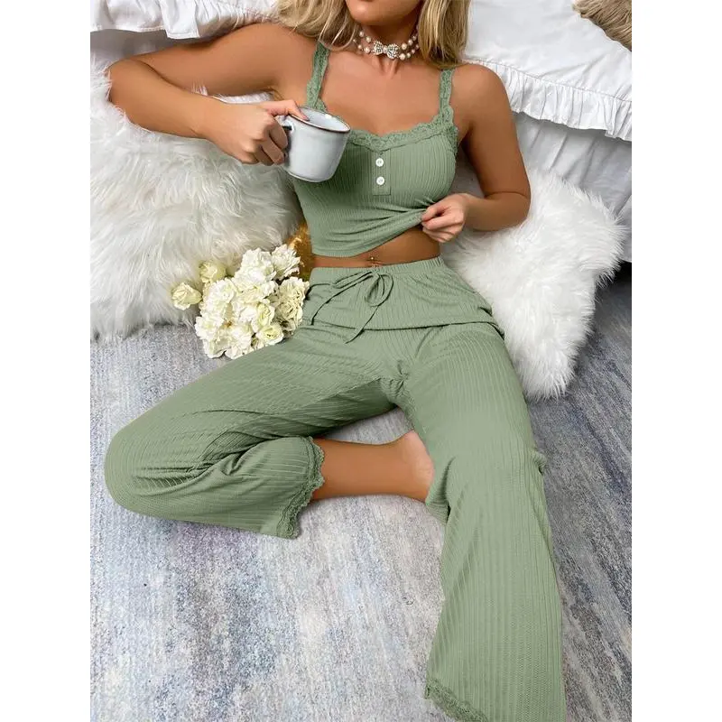 Two Counts Women's Solid Color Lace Pyjama Set, Chic Button Cami Crop Top & Bow Decor Sleep Pants, Summer Clothes Women, Casual Loungewear Set, Summer Wear 2024 Birthday Gifts, Pajama Pants At Gym