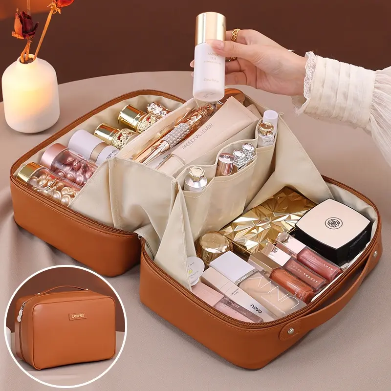 High-End Large Capacity Travel Cosmetic Bag, PU Waterproof, Multi-Pocket Design, Handheld Makeup Organizer, Shower Kit