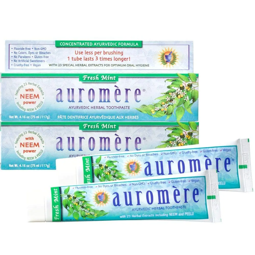 Auromere Ayurvedic Herbal Neem & Clove Oral Toothpaste - Fresh Mint, 2-Pack | All-Natural, Vegan, Cruelty-Free, Non-GMO for Sensitive Teeth (Adults & Kids, Fluoride/SLS-Free)