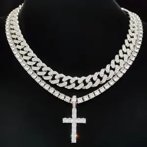 2pcs Set Artificial Zirconia Cross Pendant & Miami Cuban Chain Men Women Fashion Vintage Hip Hop Necklace for Everyday Wear or Party Easter Gifts