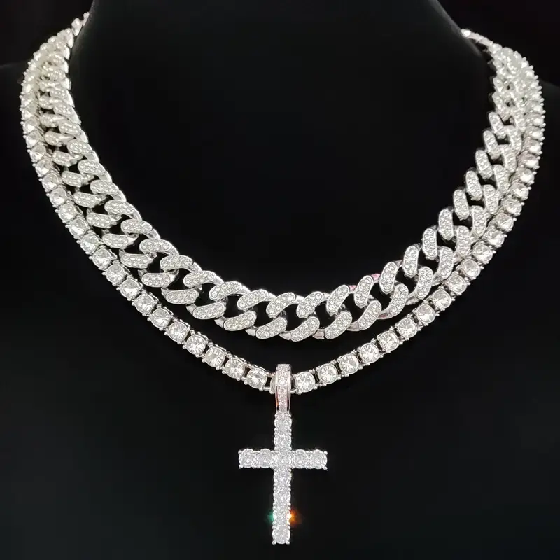 Zirconia Cross Pendant Necklace Set for Men & Women, Vintage Hip Hop Miami Cuban Chain, Fashion Jewelry for Party or Everyday Wear, Jewelry For Women, Necklaces For Women
