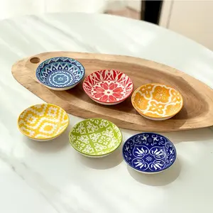 Round Ceramic Sauce Dish, 1/6/10 Counts Colorful Geometric Pattern Sauce Bowl, Serving Bowls, Dipping Dish, Seasoning Dish, Kitchen Accessories, Dinnerware Sets, Kitchenware