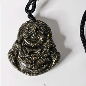 Happy Buddha Golden Pyrite Chip Pendant & Adjustable nylon Cord Necklace