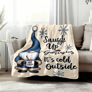 Warm Cozy Flannel Blanket, Winter Gnome Snuggle Up & Snowflake Print Soft Nap Throw for Bed & Couch, Durable Home Office Decor Blanket, Bedroom Holiday Cozy Decor Accessories, Winter Gnome Gift