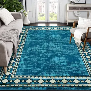 GARVEE 8x10 Area Rug Modern Bordered Area Rug Machine Washable Rug for Living Room Bedroom Farmhouse Geometric Border Carpet Non-Slip Stain Resistant Accent Rug Floor Cover for Home Decor, Teal