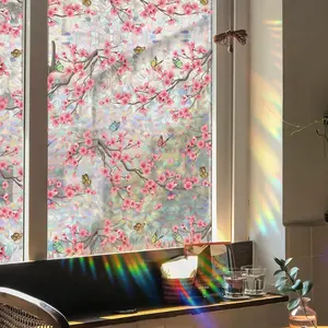 Rainbow Cherry Blossom Flower Window Clings 3D Decorative Vinyl Stained Glass Butterfly Floral Decals Static Cling Window Sticker Non-Adhesive, 15.75 x 40 inches