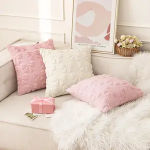 Valentine's Day Bow Embroidered Pillowcase, Modern Simple Plush Embroidery Pillowcase Without Insert, Bedside Sofa Bedroom Decor