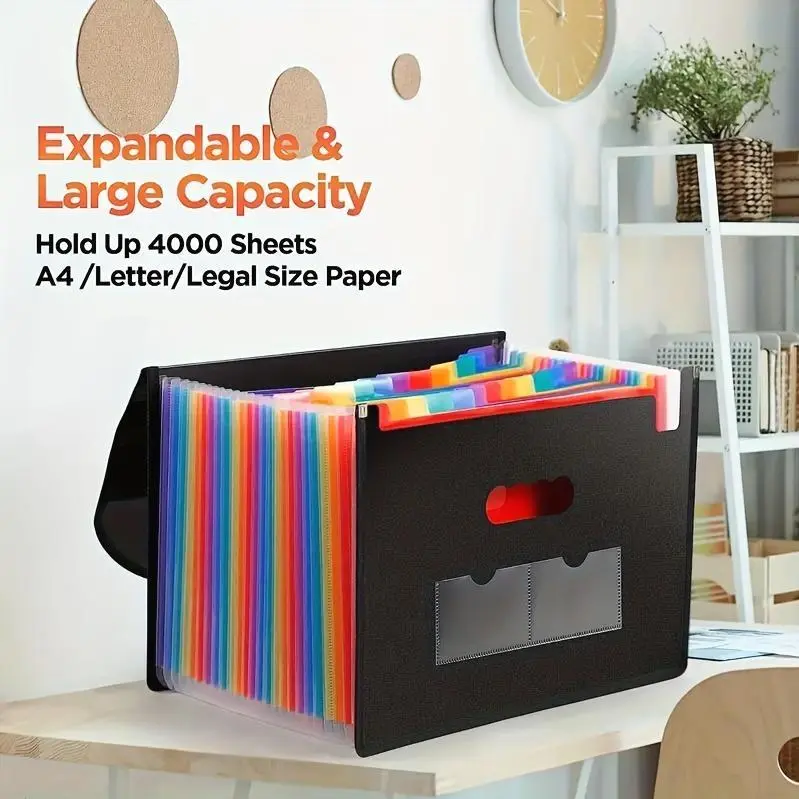 25-Pocket Durable Plastic Expandable File Organizer - A4/ Letter Size Document Holder for Office, School, Home - Versatile Storage Solution for Papers, Receipts & Art Supplies - Black
