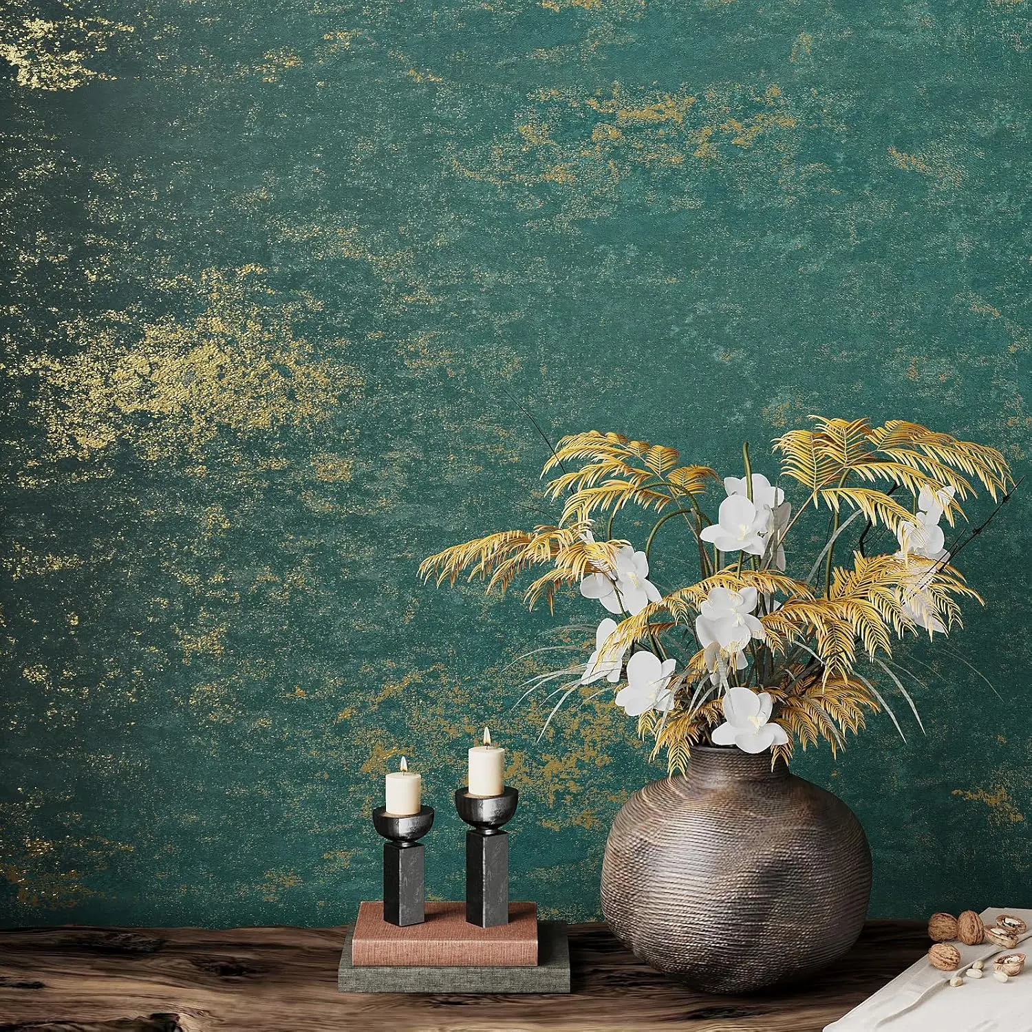 VEELIKE Distressed Teal Gold Metallic Vinyl Wallpaper, Peel-and-Stick Plaster Concrete Self-Adhesive Removable Contact Paper for Bedroom Accent Wall, Gym Room, Coffee Shop, 15.7in x 118in for Walls, Cabinets, Drawer Liners