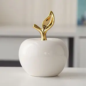 1PC White Ceramic Apple Figurine, Nordic Modern Style Gold Stem Fruit Decorative Ornament for Home Office Bookshelf Aesthetic Decor
