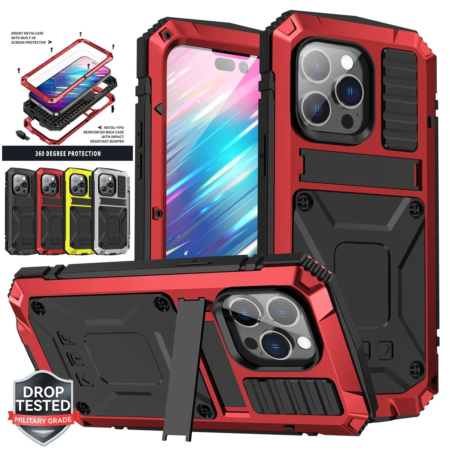 Metal Gorilla Glass Shockproof HeavyDuty Stand Case For iPhone 17 16 15 14 13 12