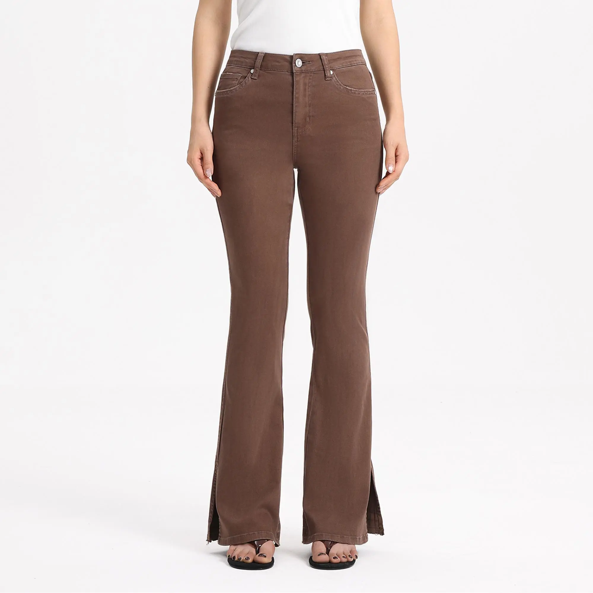 Women's Coffee Brown Flare Jeans, High Waisted Butt Lifting Stretch Denim with a Slim Fit and Front Split Hem, Lady, Clothes, Brown Wash, Butt Lifting Jeans, Denim Pants, Soft Denim Style