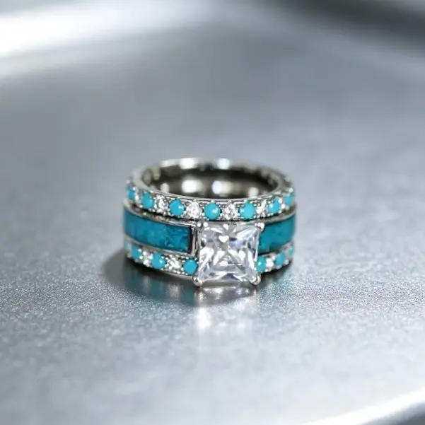 Women's 3-Piece Stackable Engagement Ring Set - Southwest Female Inlaid Turquoise Stone & Sparkling CZ Band Rings, Multi-Size Daily Wear Costume Jewelry, Ideal Gift for Girlfriend