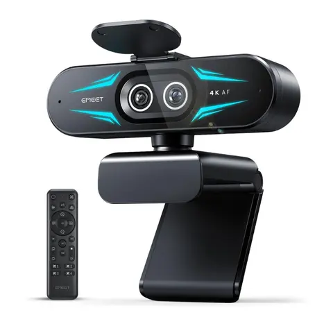 EMEET C60E Compact CMOS 4K Dual Cam Webcam with Remote, RGB LED Lights, 11x Zoom, Auto Focus, USB Microphone & Physical Privacy Cover (4K@30fps/1080P@60fps) - Webcam for PC, Streaming Computer Accessory for Makeup, Zoom, Gaming