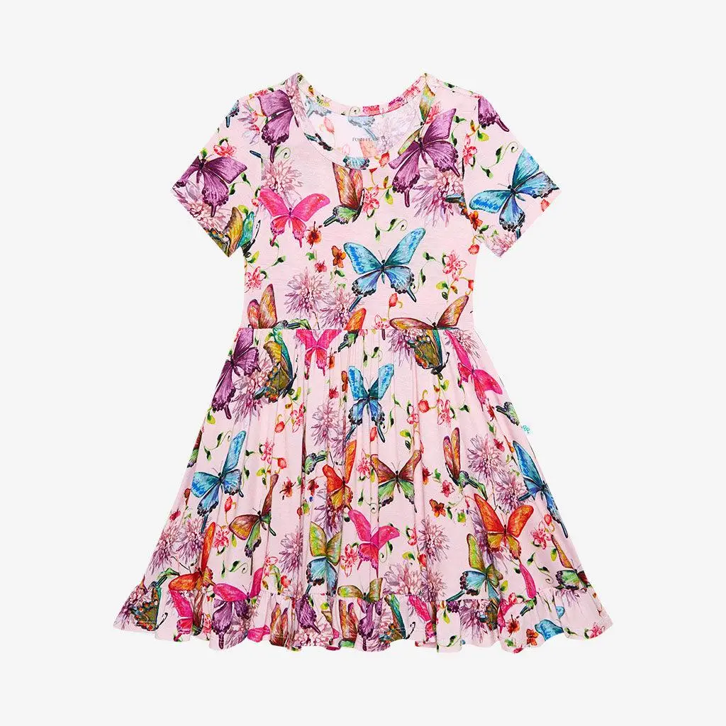 Watercolor Butterfly Short Sleeve Ruffled Twirl Dress