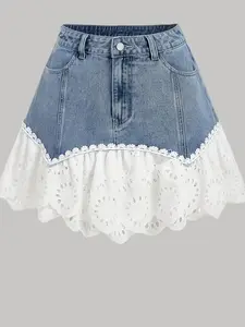 Y2K Women's Denim Mini Skirt, High Waist Ruffle Lace Patchwork A-Line Layered Denim Skirt, Pleated Denim Skirt for Fashionable Look