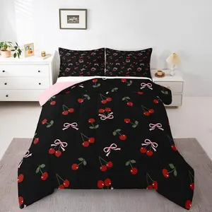 Cute Bows Cherry Bedding Set Kids Watercolor Bow Comforter Set for Boys Girls Teens Summer Fruit Duvet Quilt Breathable Soft Lightweight Microfiber Bowknot Black Room Decor