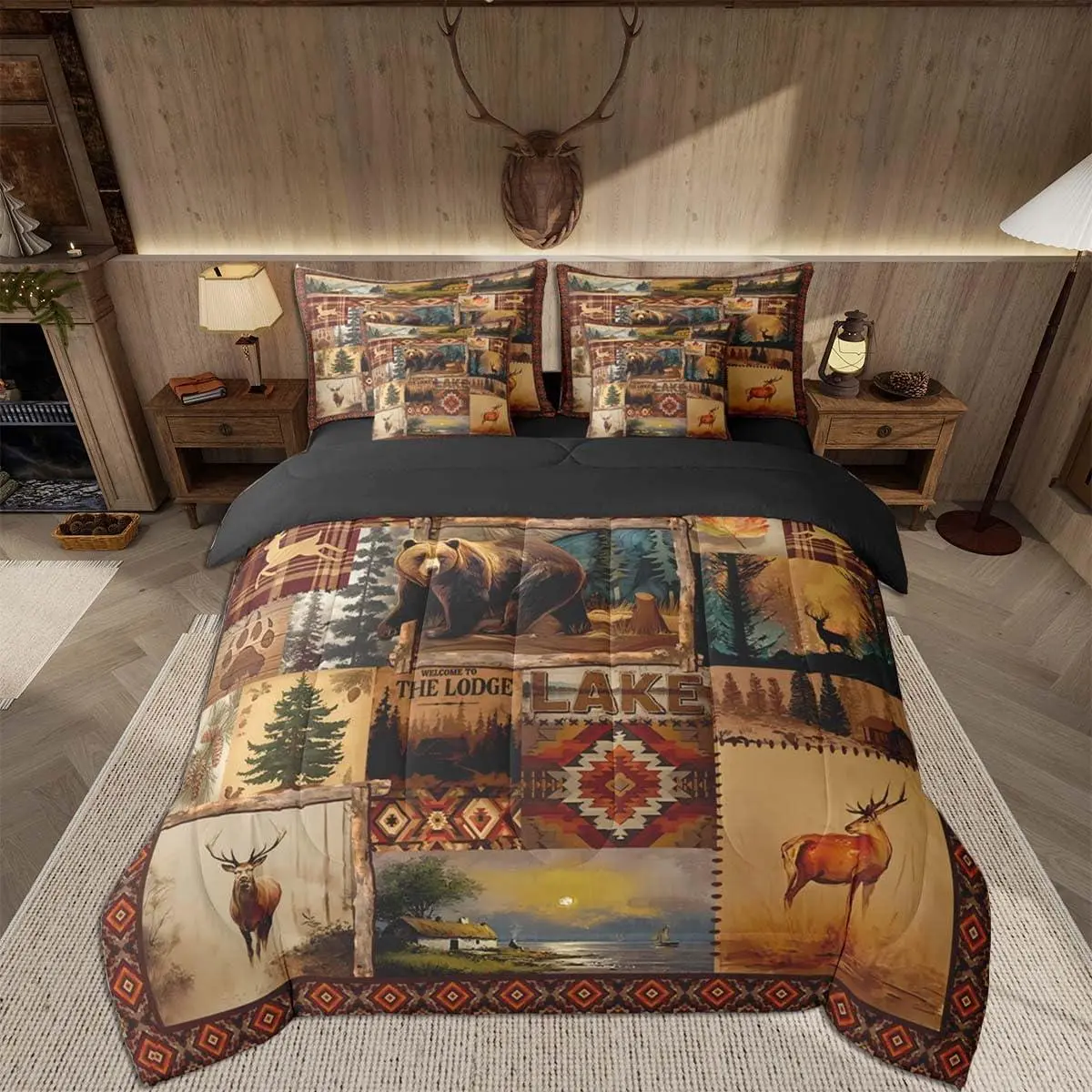 Bear Comforter Set 7 Pieces Rustic Cabin Lodge Country Bedding Set for Kids Girls Nature WildLife Bed in a Bag with Comforter,Sheets,Farmhouse WesternSouthwestern Plaid Grid Quilted