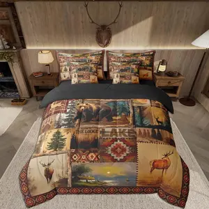 Bear Comforter Set 7 Pieces Rustic Cabin Lodge Country Bedding Set for Kids Girls Nature WildLife Bed in a Bag with Comforter,Sheets,Farmhouse WesternSouthwestern Plaid Grid Quilted