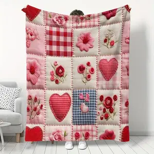 Valentine's Day Heart Plaid Digital Print Flannel Blanket, Soft Comfortable Sofa Bed Throw, Office Nap Shawl, Outdoor Sports Multi-Purpose Blanket