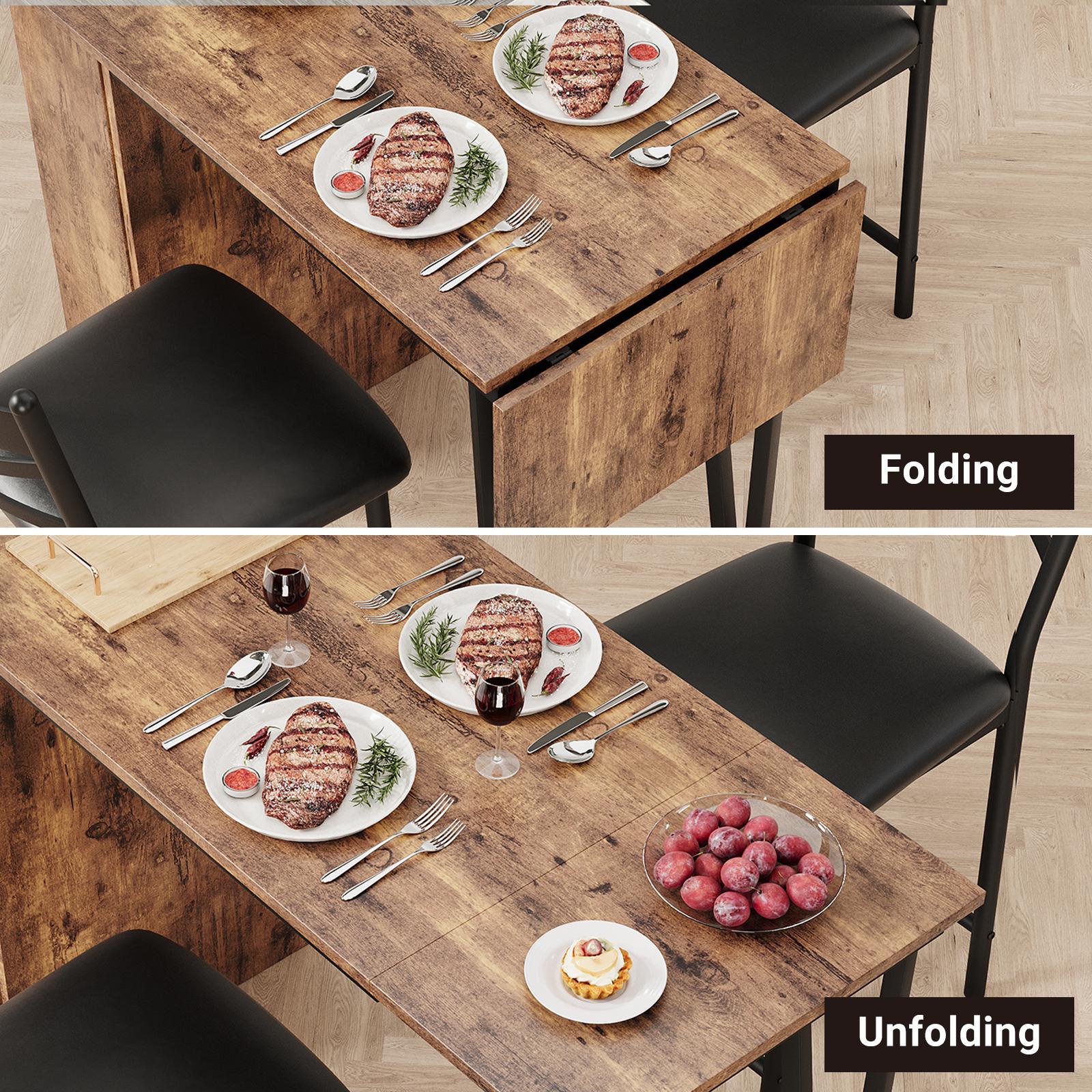 Space-Saving 3-Piece Extendable Bar Table Set, High Top Dining Table with 2 PU Cushion Stools & 3-Tier Storage Shelves, Compact Grey Breakfast Nook for Kitchen, Apartment & Dining Room