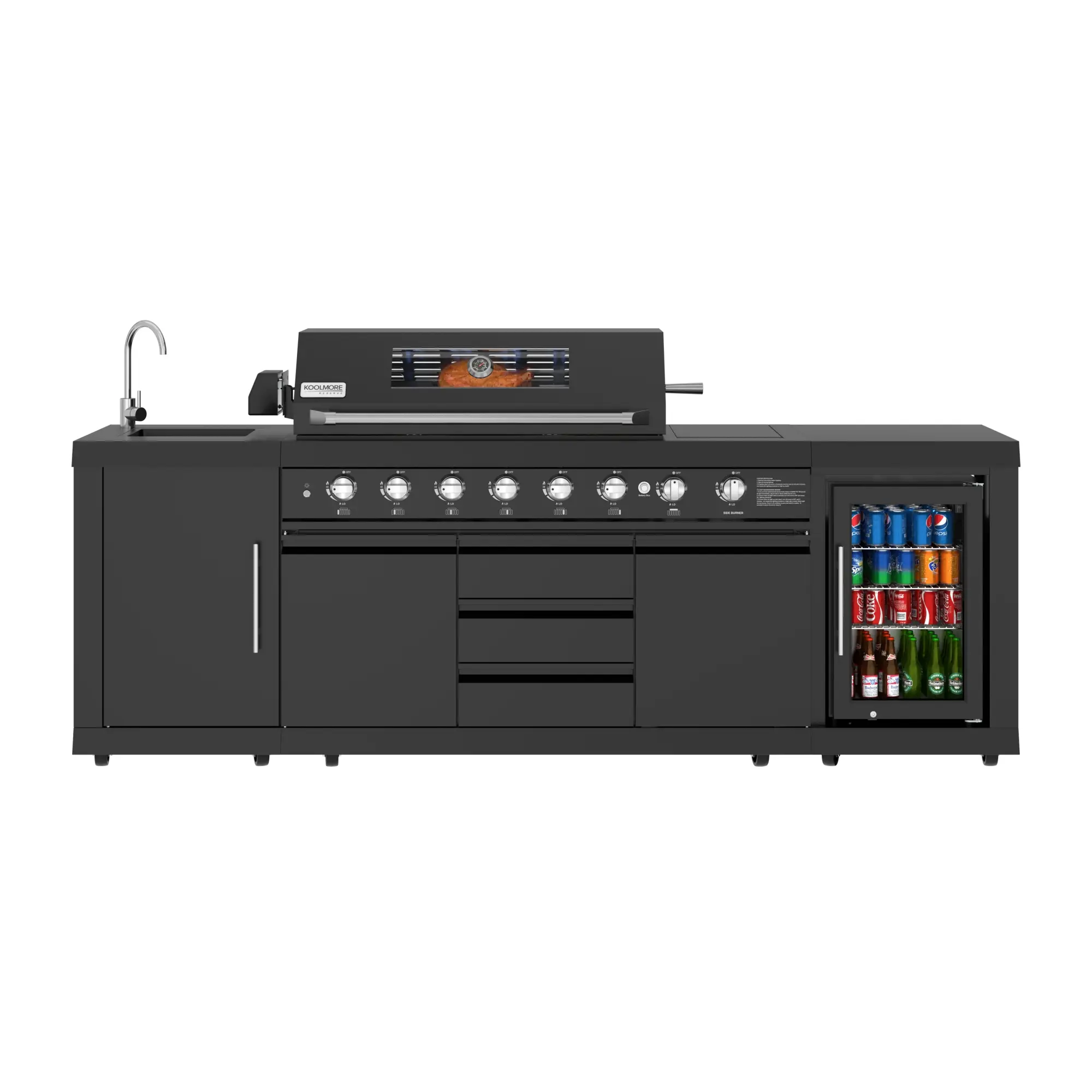 KoolMore Reserve CSA Listed Outdoor Kitchen Island in Black With 6 Burners, sink, Storage Cabinet and Beverage Refrigerator